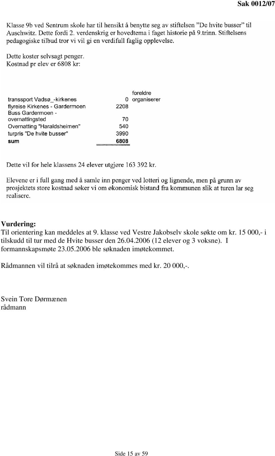 15 000,- i tilskudd til tur med de Hvite busser den 26.04.2006 (12 elever og 3 voksne).