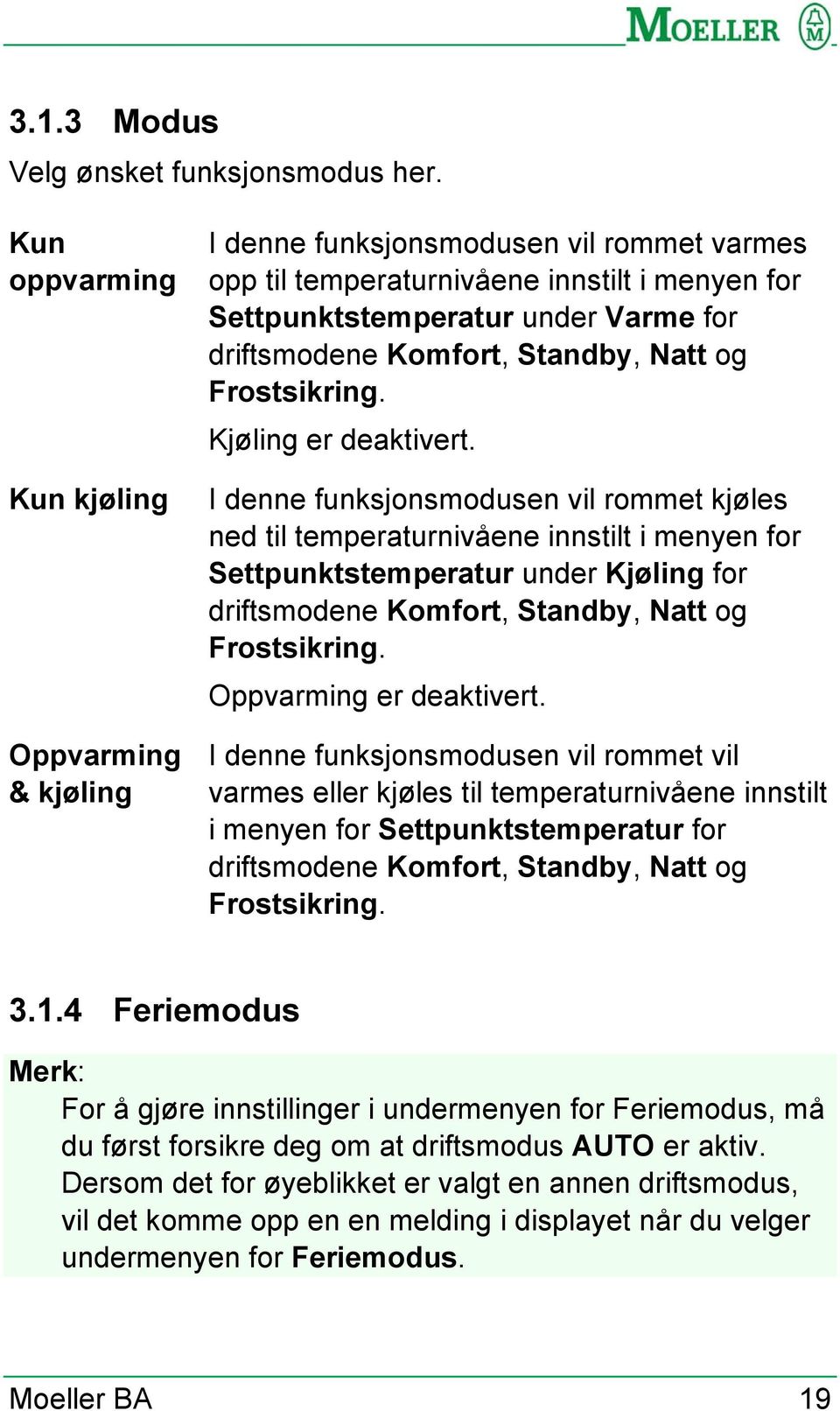 Standby, Natt og Frostsikring. Kjøling er deaktivert.