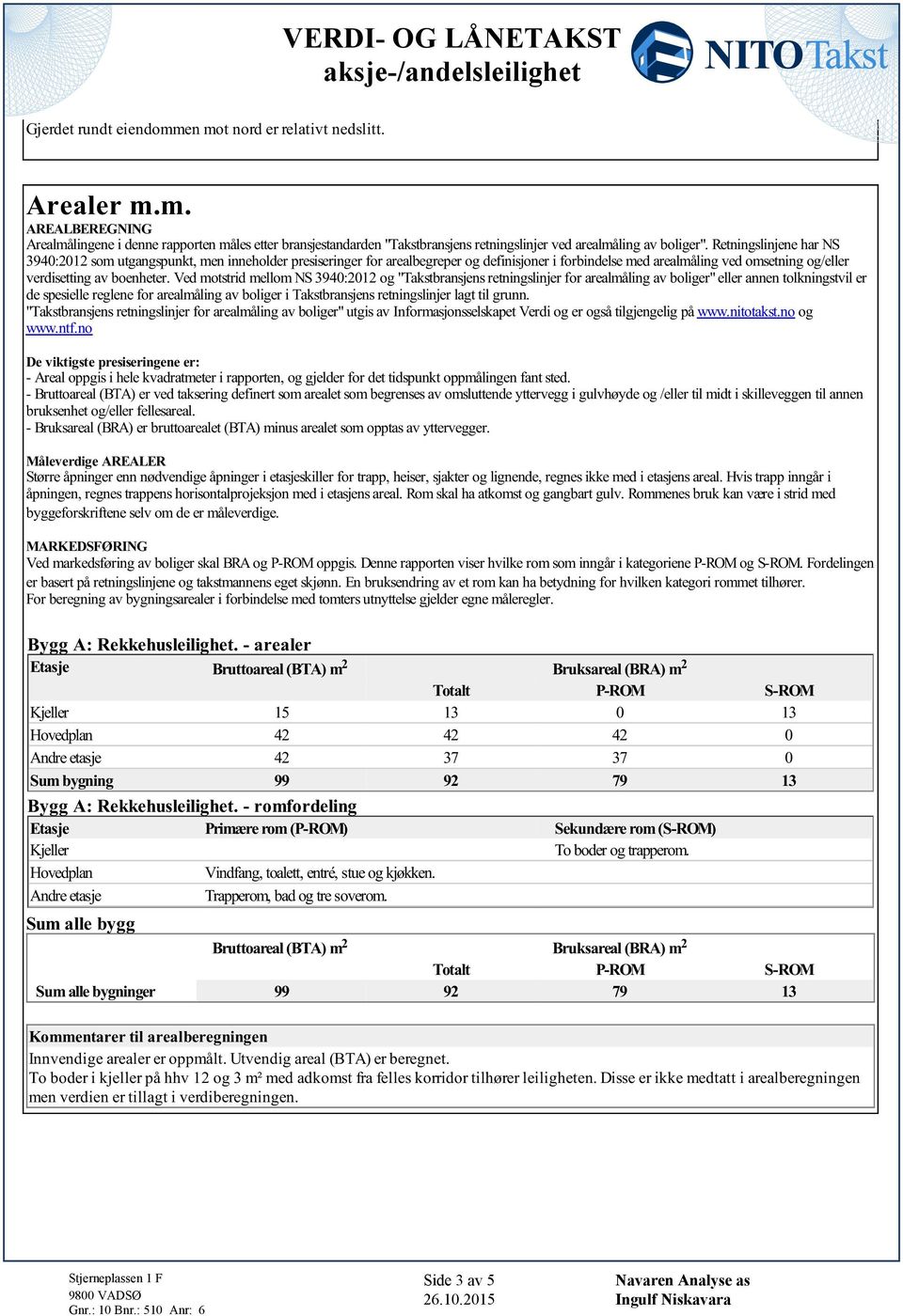 verdisetting av boenheter Ved motstrid mellom NS 3940:2012 og "Takstbransjens retningslinjer for arealmåling av boliger" eller annen tolkningstvil er de spesielle reglene for arealmåling av boliger i