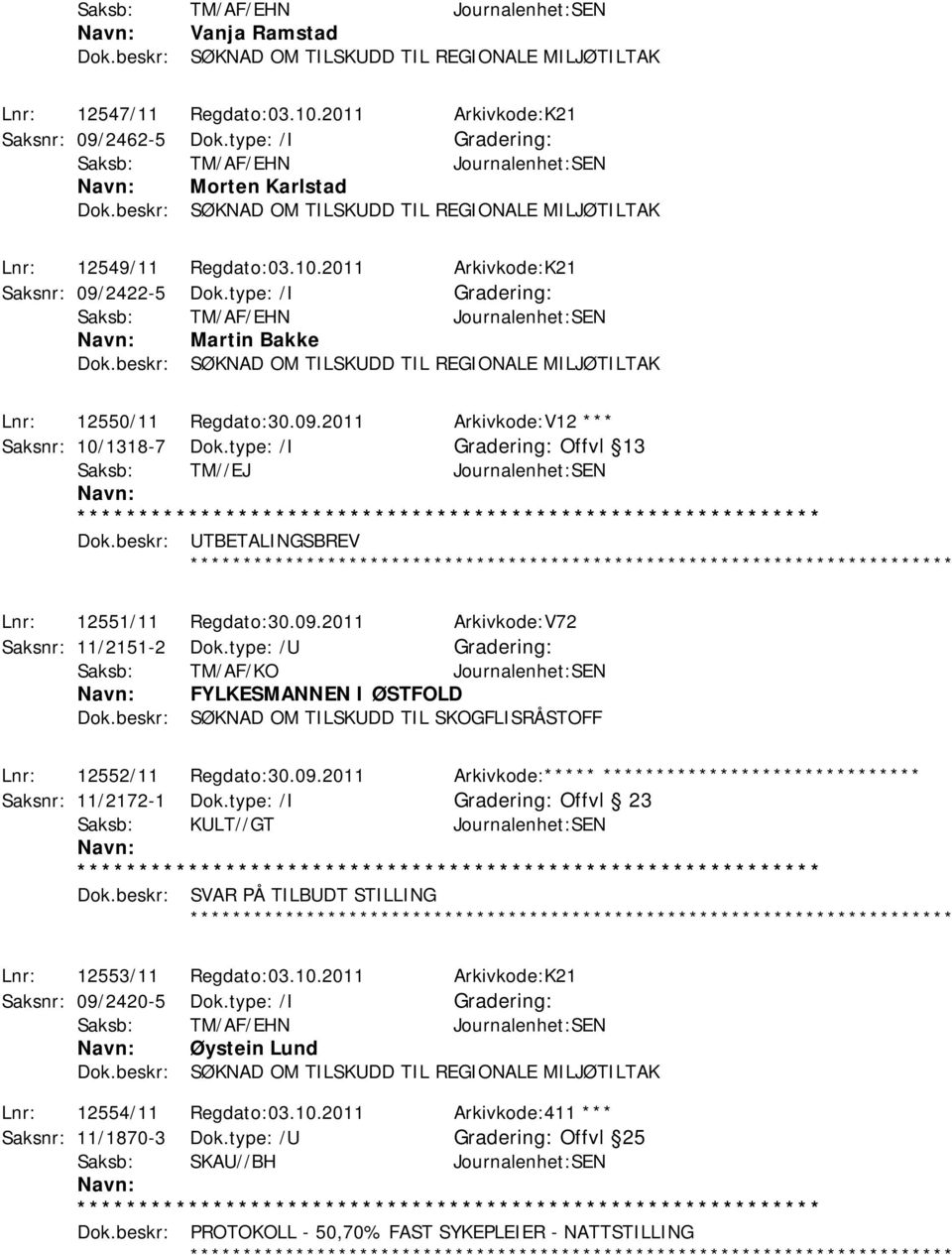 beskr: UTBETALINGSBREV ************ Lnr: 12551/11 Regdato:30.09.2011 Arkivkode:V72 Saksnr: 11/2151-2 Dok.type: /U Saksb: TM/AF/KO Journalenhet:SEN FYLKESMANNEN I ØSTFOLD Dok.