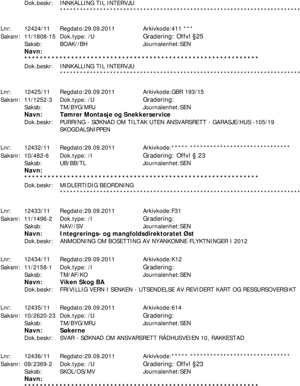 type: /U Saksb: TM/BYG/MRJ Journalenhet:SEN Tømrer Montasje og Snekkerservice Dok.beskr: PURRING - SØKNAD OM TILTAK UTEN ANSVARSRETT - GARASJE/HUS -105/19 SKOGDALSNIPPEN Lnr: 12432/11 Regdato:29.09.