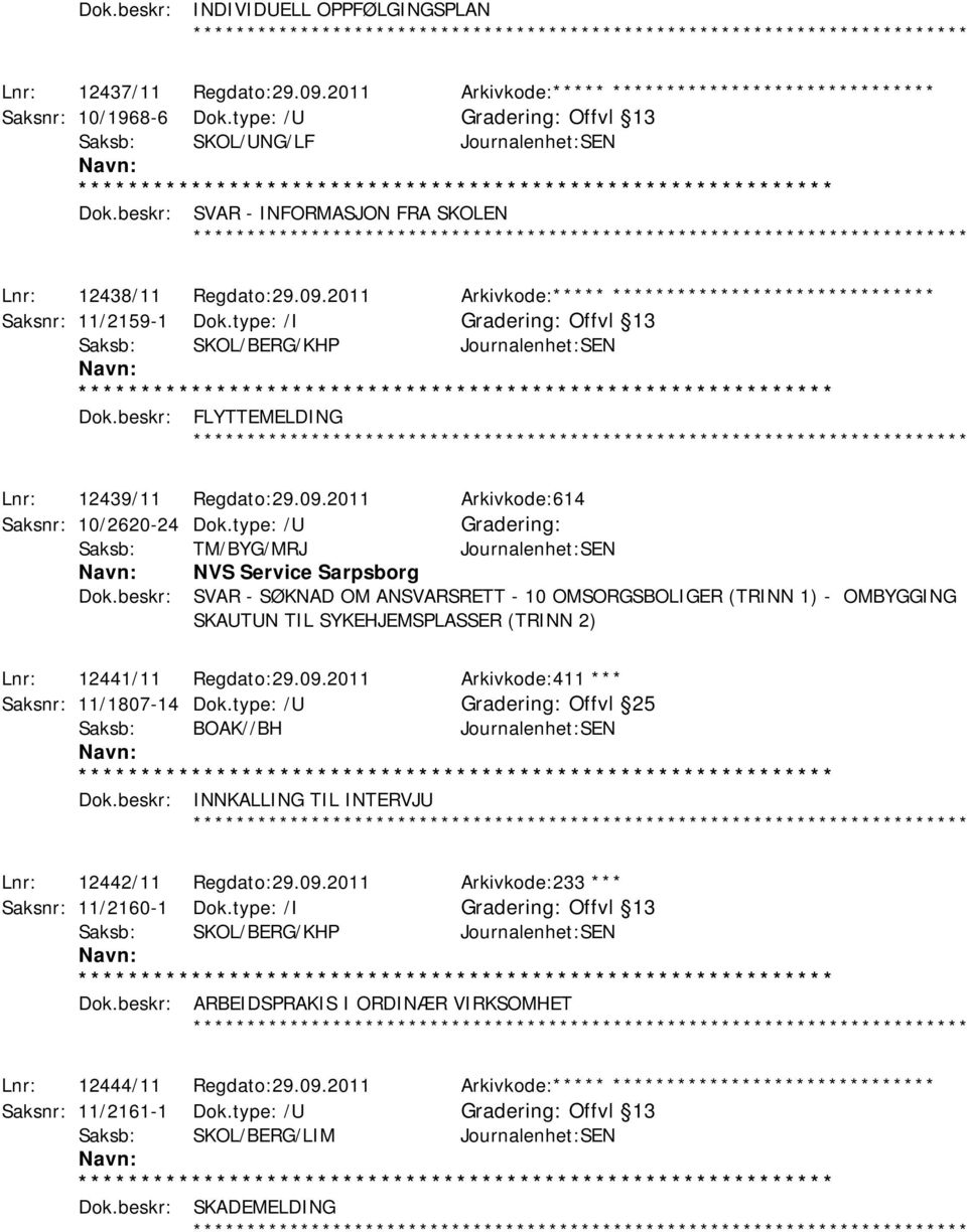 2011 Arkivkode:***** ****************************** Saksnr: 11/2159-1 Dok.type: /I Offvl 13 Saksb: SKOL/BERG/KHP Journalenhet:SEN Dok.beskr: FLYTTEMELDING ************ Lnr: 12439/11 Regdato:29.09.