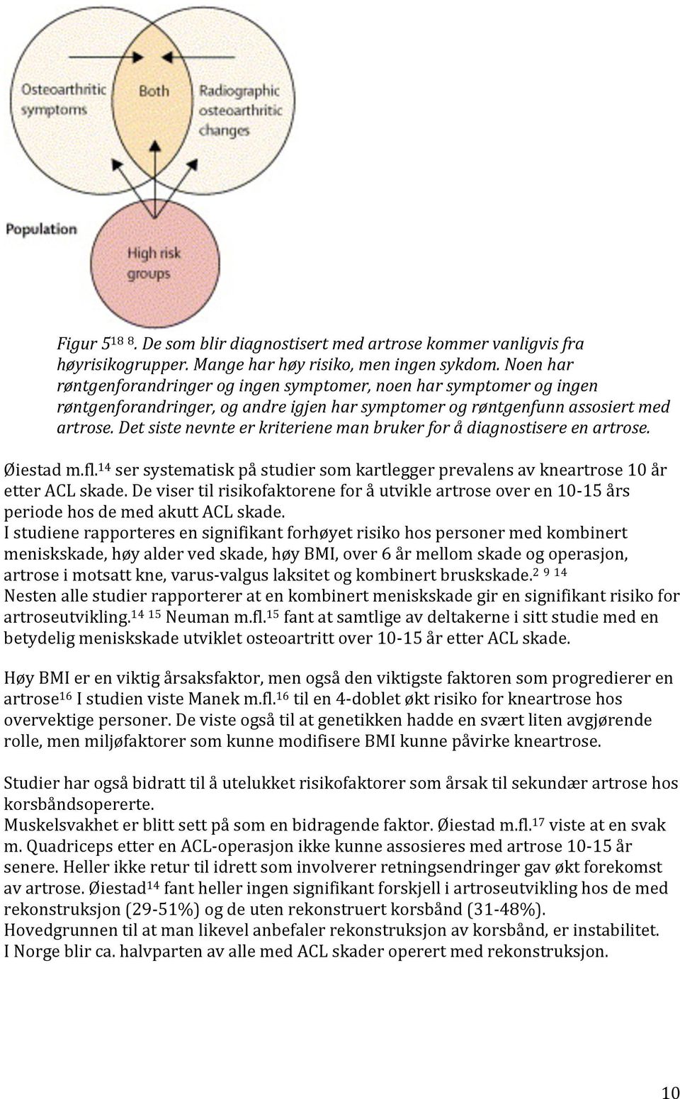 Det siste nevnte er kriteriene man bruker for å diagnostisere en artrose. Øiestad m.fl. 14 ser systematisk på studier som kartlegger prevalens av kneartrose 10 år etter ACL skade.