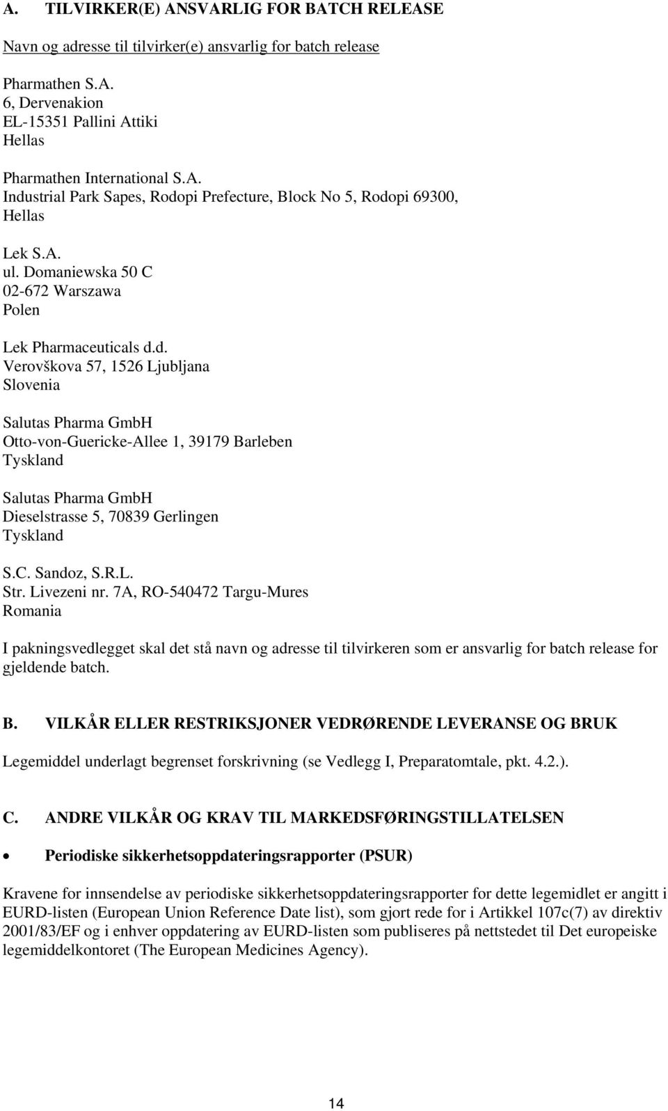 d. Verovškova 57, 1526 Ljubljana Slovenia Salutas Pharma GmbH Otto-von-Guericke-Allee 1, 39179 Barleben Tyskland Salutas Pharma GmbH Dieselstrasse 5, 70839 Gerlingen Tyskland S.C. Sandoz, S.R.L. Str.