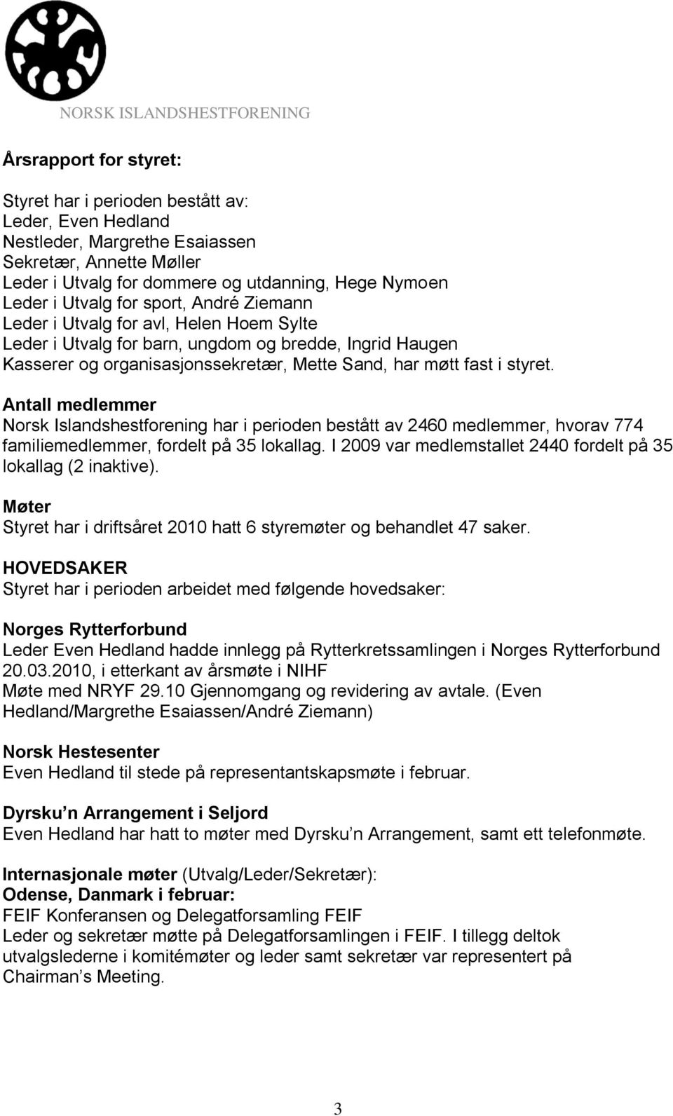 Antall medlemmer Norsk Islandshestforening har i perioden bestått av 2460 medlemmer, hvorav 774 familiemedlemmer, fordelt på 35 lokallag.