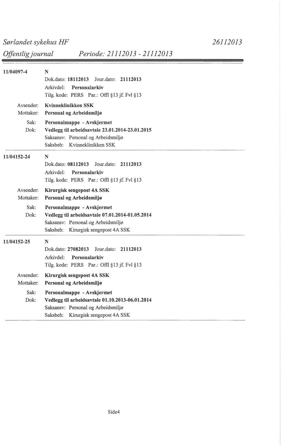 dato: 08112013 Jour.dato: 21112013 Kirurgisk sengepost 4A SSK Personal og Arbeidsmiljø Vedlegg til arbeidsavtale 07.01.2014-01.05.