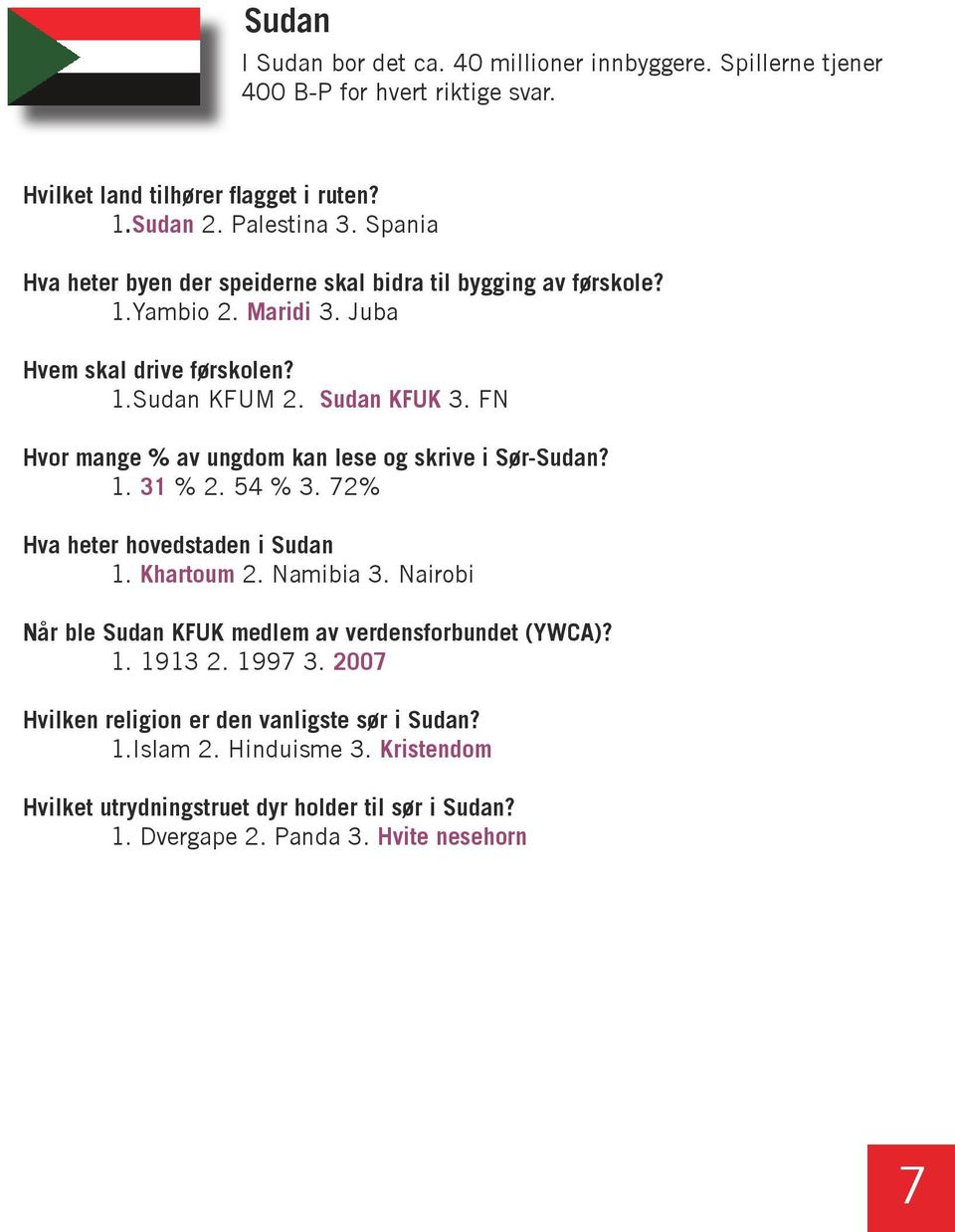 FN Hvor mange % av ungdom kan lese og skrive i Sør-Sudan? 1. 31 % 2. 54 % 3. 72% Hva heter hovedstaden i Sudan 1. Khartoum 2. Namibia 3.