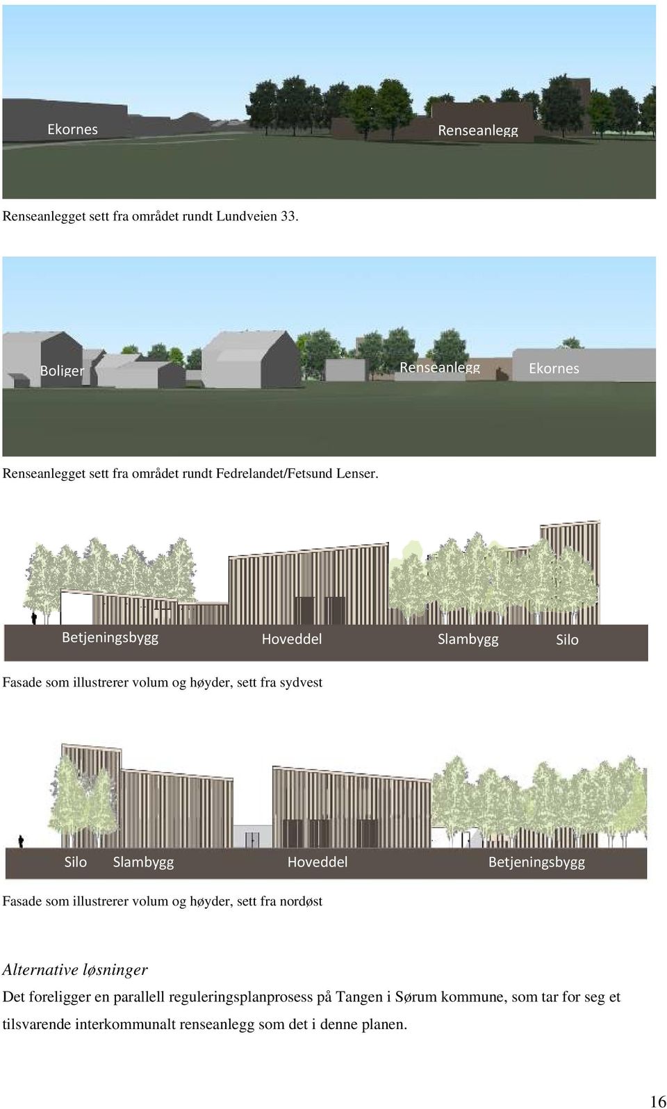 Betjeningsbygg Hoveddel Slambygg Silo Fasade som illustrerer volum og høyder, sett fra sydvest Silo Slambygg Hoveddel Betjeningsbygg