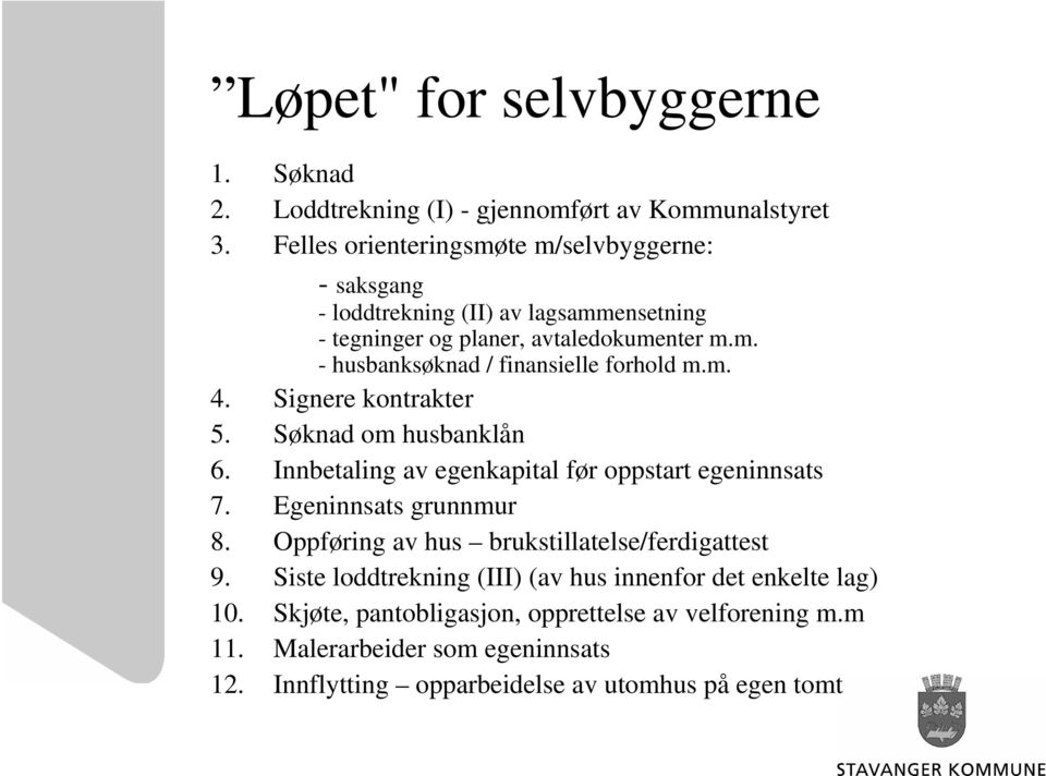 m. 4. Signere kontrakter 5. Søknad om husbanklån 6. Innbetaling av egenkapital før oppstart egeninnsats 7. Egeninnsats grunnmur 8.