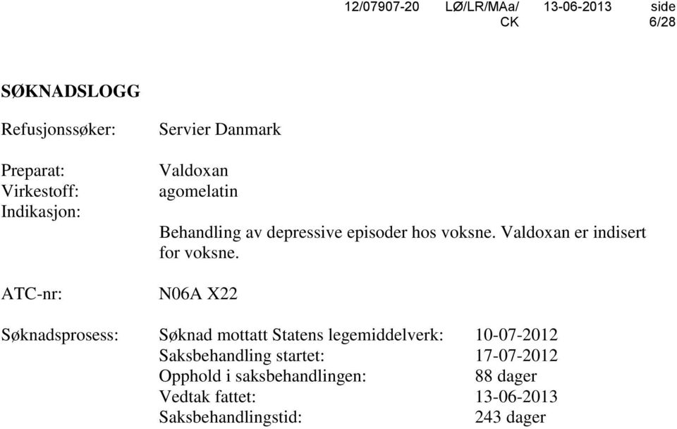N06A X22 Søknadsprosess: Søknad mottatt Statens legemiddelverk: 10-07-2012 Saksbehandling