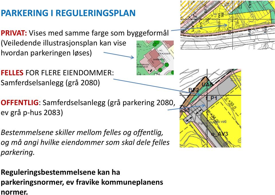 (grå parkering 2080, ev grå p-hus 2083) Bestemmelsene skiller mellom felles og offentlig, og må angi hvilke