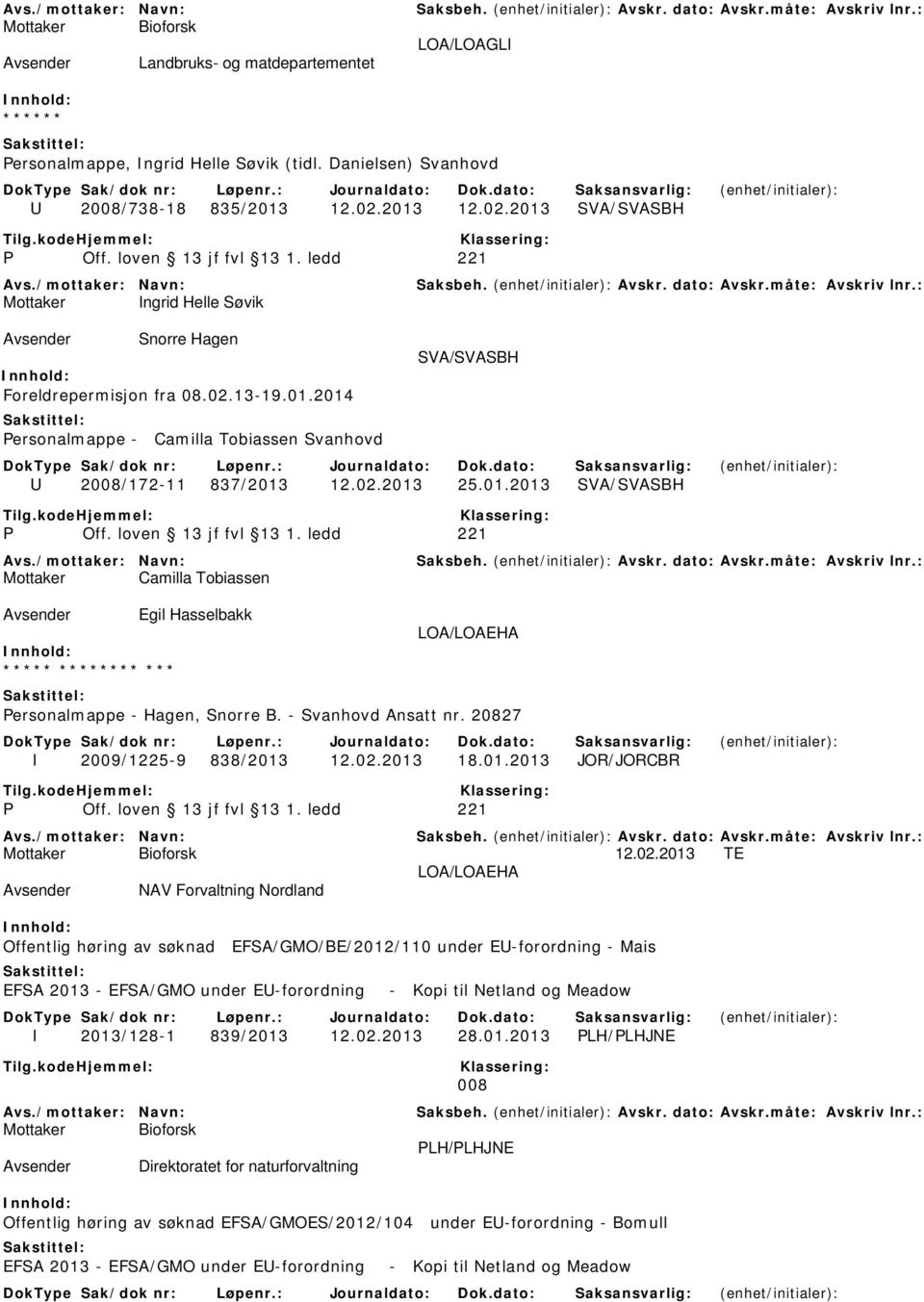 01.2013 SVA/SVASBH Mottaker Camilla Tobiassen Egil Hasselbakk LOA/LOAEHA ***** ******** *** Personalmappe - Hagen, Snorre B. - Svanhovd Ansatt nr. 20827 I 2009/1225-9 838/2013 12.02.2013 18.01.2013 JOR/JORCBR 12.