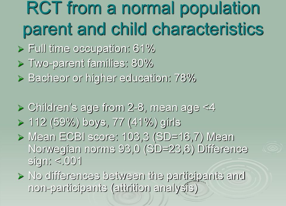 112 (59%) boys, 77 (41%) girls Mean ECBI score: 103,3 (SD=16,7) Mean Norwegian norms 93,0