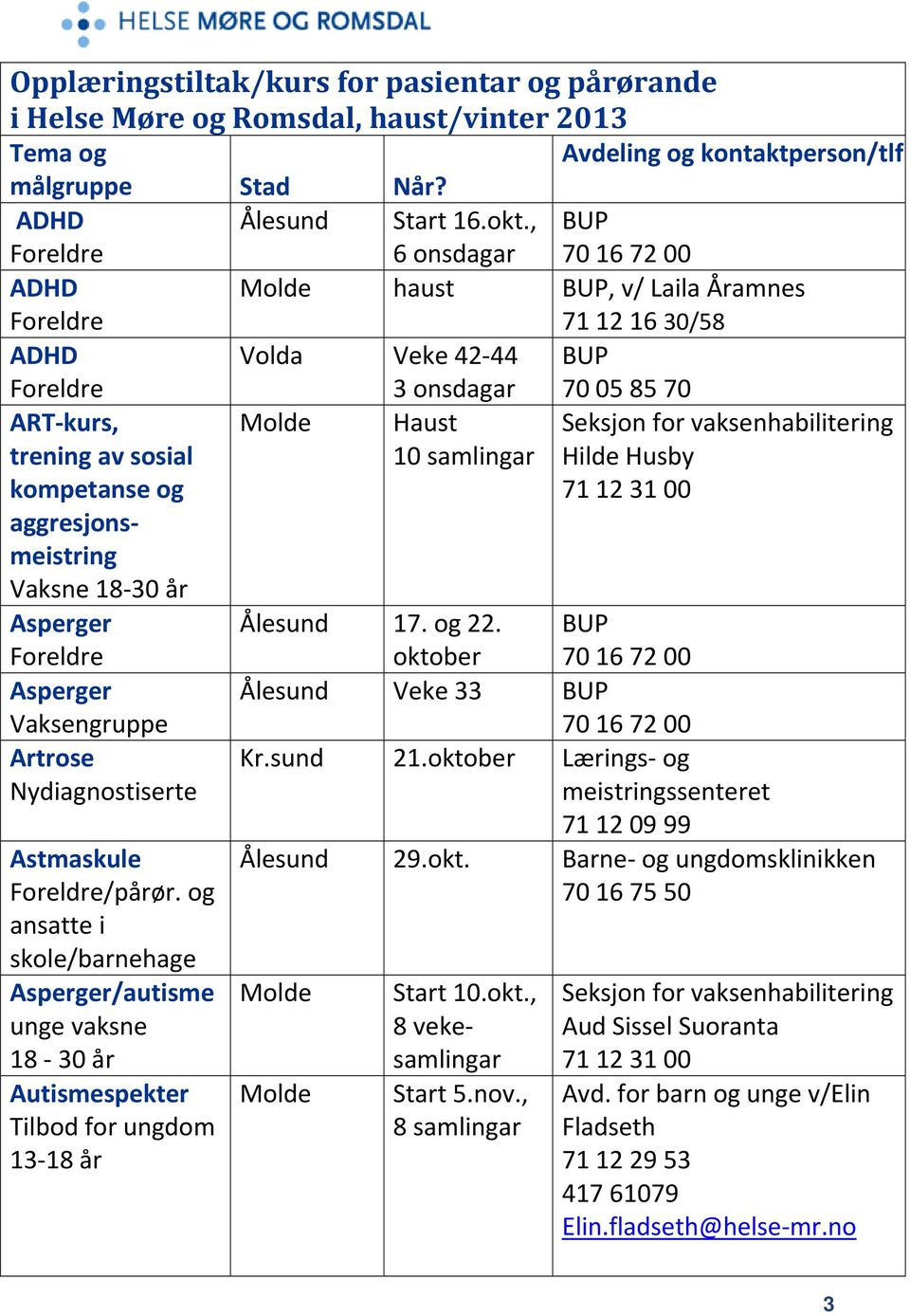 Haust 10 samlingar Seksjon for vaksenhabilitering Hilde Husby 71 12 31 00 aggresjonsmeistring Vaksne 18 30 år Asperger Foreldre 17. og 22.