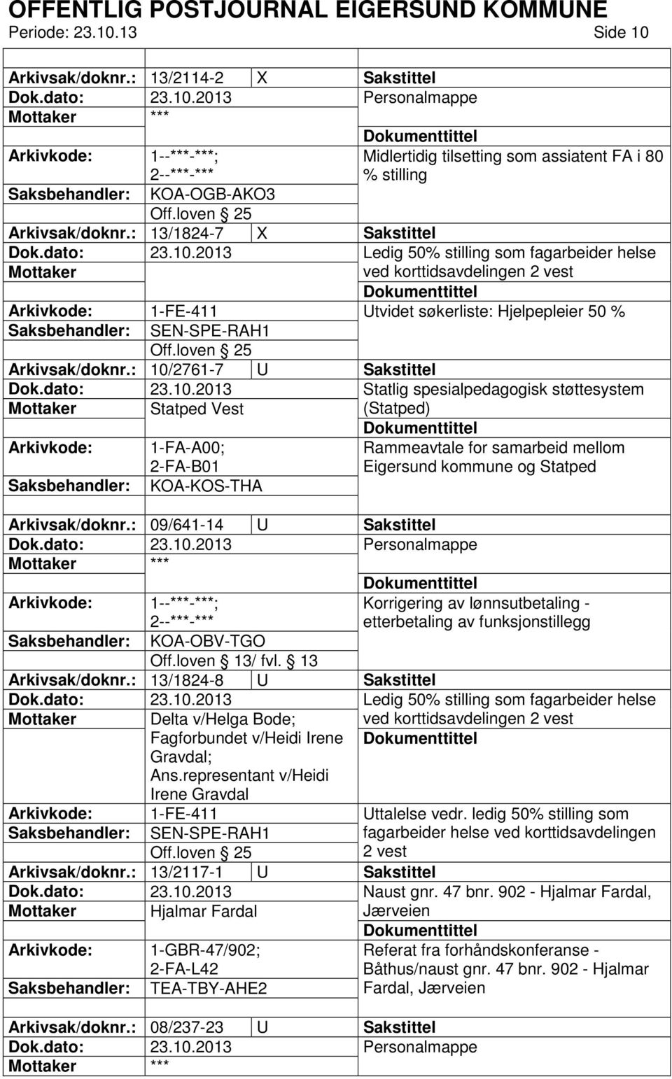 : 10/2761-7 U Sakstittel Statlig spesialpedagogisk støttesystem Statped Vest (Statped) 1-FA-A00; 2-FA-B01 KOA-KOS-THA Rammeavtale for samarbeid mellom Eigersund kommune og Statped Arkivsak/doknr.