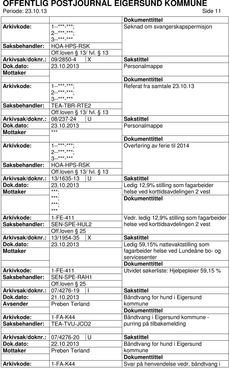 : 13/1635-13 U Sakstittel Ledig 12,9% stilling som fagarbeider ***; helse ved korttidsavdelingen 2 vest ***; ***; *** 1-FE-411 SEN-SPE-HUL2 Arkivsak/doknr.: 13/1954-35 X Sakstittel Vedr.