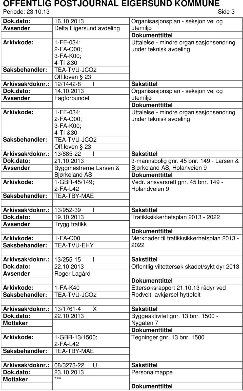 2013 Organisasjonsplan - seksjon vei og Avsender Fagforbundet utemiljø 1-FE-034; 2-FA-Q00; 3-FA-K00; 4-TI-&30 Uttalelse - mindre organisasjonsendring under teknisk avdeling TEA-TVU-JCO2 Off.