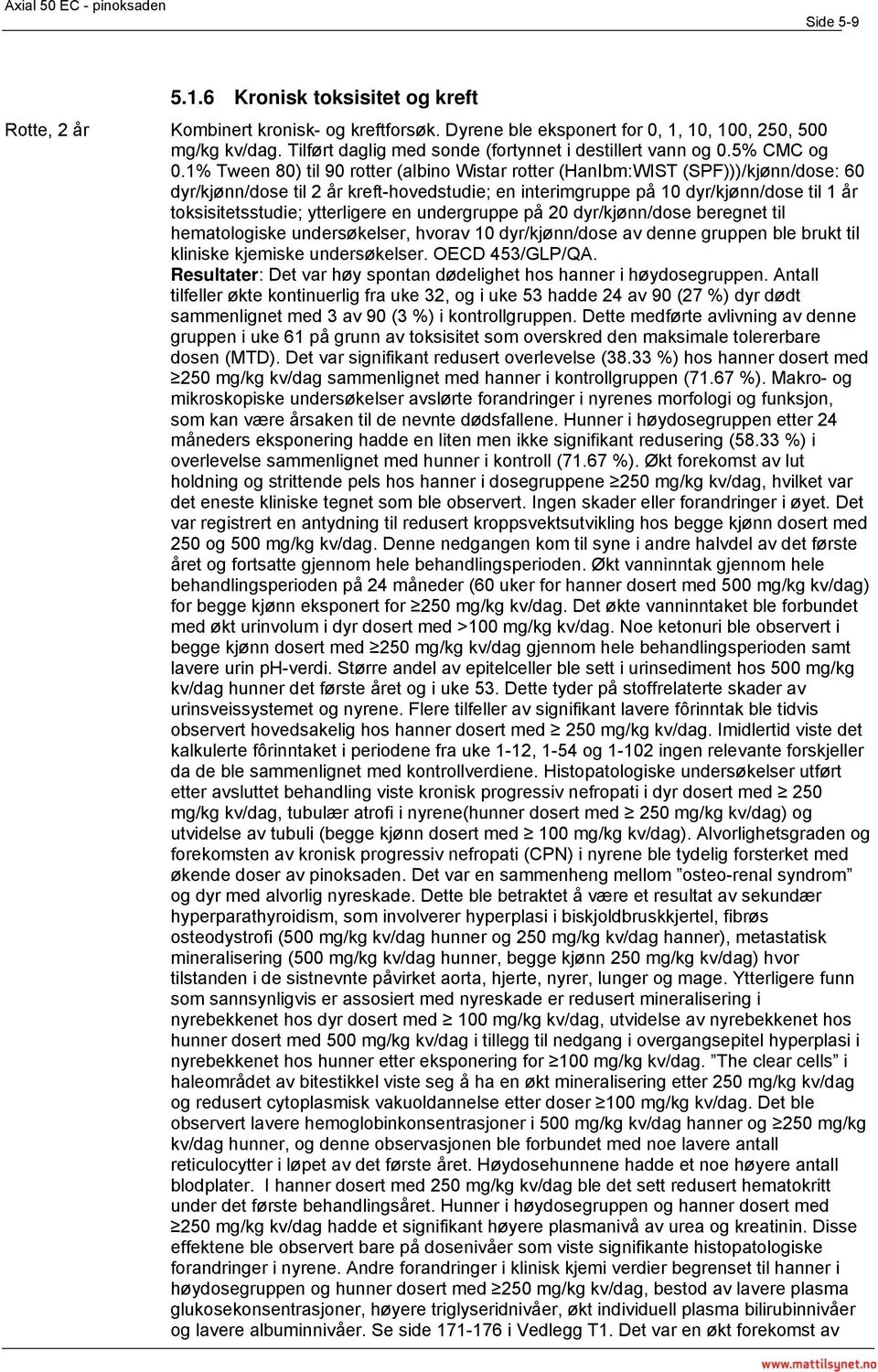 1% Tween 80) til 90 rotter (albino Wistar rotter (HanIbm:WIST (SPF)))/kjønn/dose: 60 dyr/kjønn/dose til 2 år kreft-hovedstudie; en interimgruppe på 10 dyr/kjønn/dose til 1 år toksisitetsstudie;