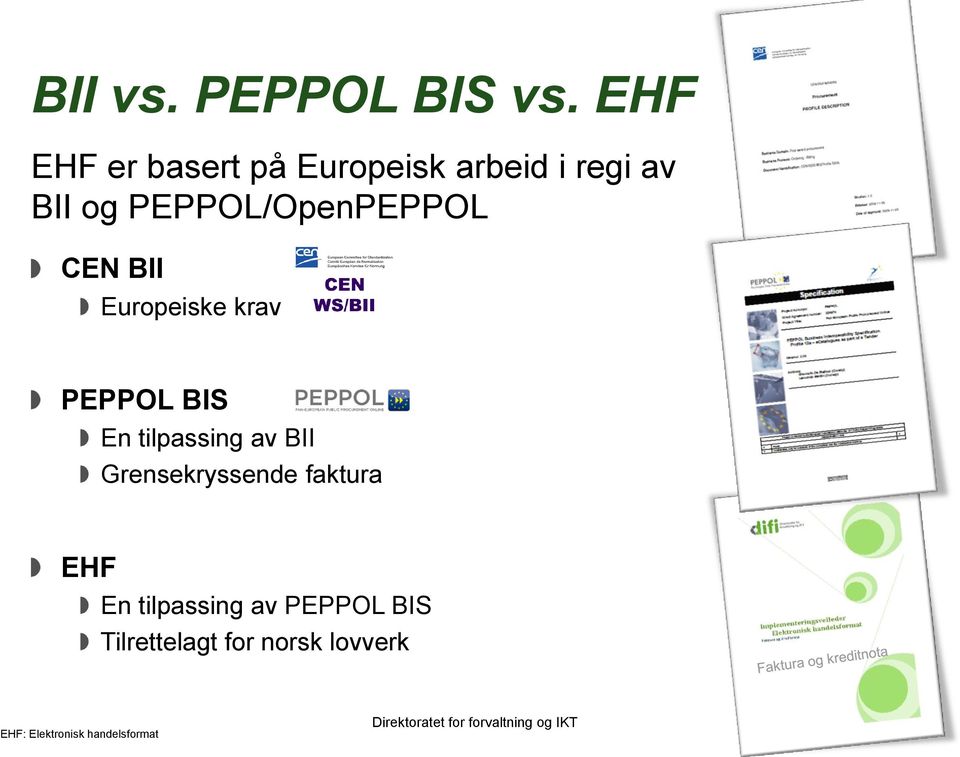 PEPPOL/OpenPEPPOL CEN BII Europeiske krav PEPPOL BIS En tilpassing