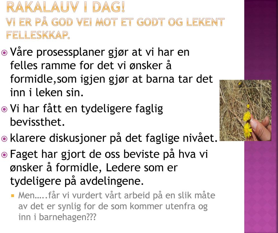 Faget har gjort de oss beviste på hva vi ønsker å formidle, Ledere som er tydeligere på avdelingene. Men.