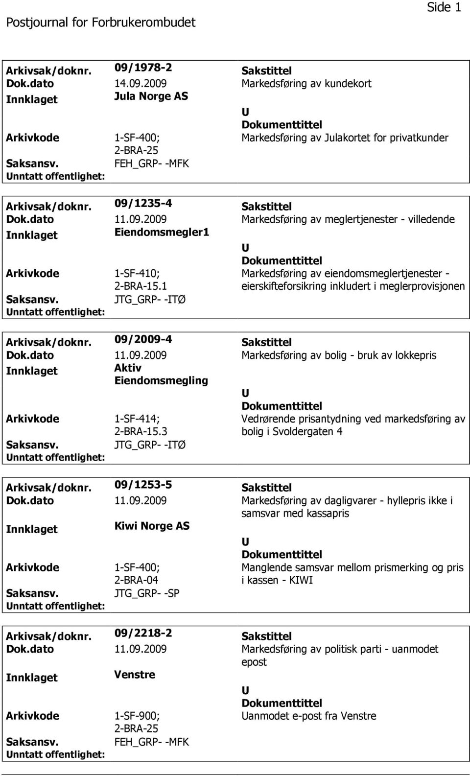 1 Markedsføring av eiendomsmeglertjenester - eierskifteforsikring inkludert i meglerprovisjonen JTG_GRP- -TØ Arkivsak/doknr. 09/