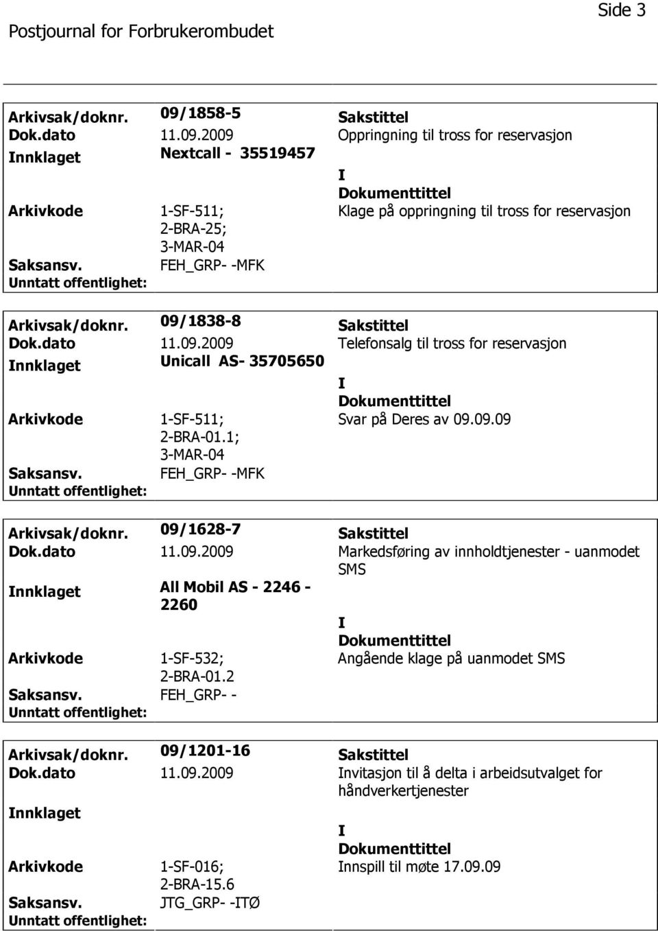 09/1628-7 Sakstittel Dok.dato 11.09.2009 Markedsføring av innholdtjenester - uanmodet SMS nnklaget All Mobil AS - 2246-2260 1-SF-532; 2-BRA-01.