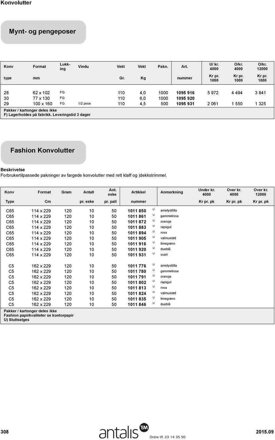 Leveringstid 3 dager ashion Konvolutter orbrukertilpassede pakninger av fargede konvolutter med rett klaff og dekkstrimmel. Konv ormat Gram Antall Ant. eske Artikkel Anmerkning Type Cm pr. eske pr.