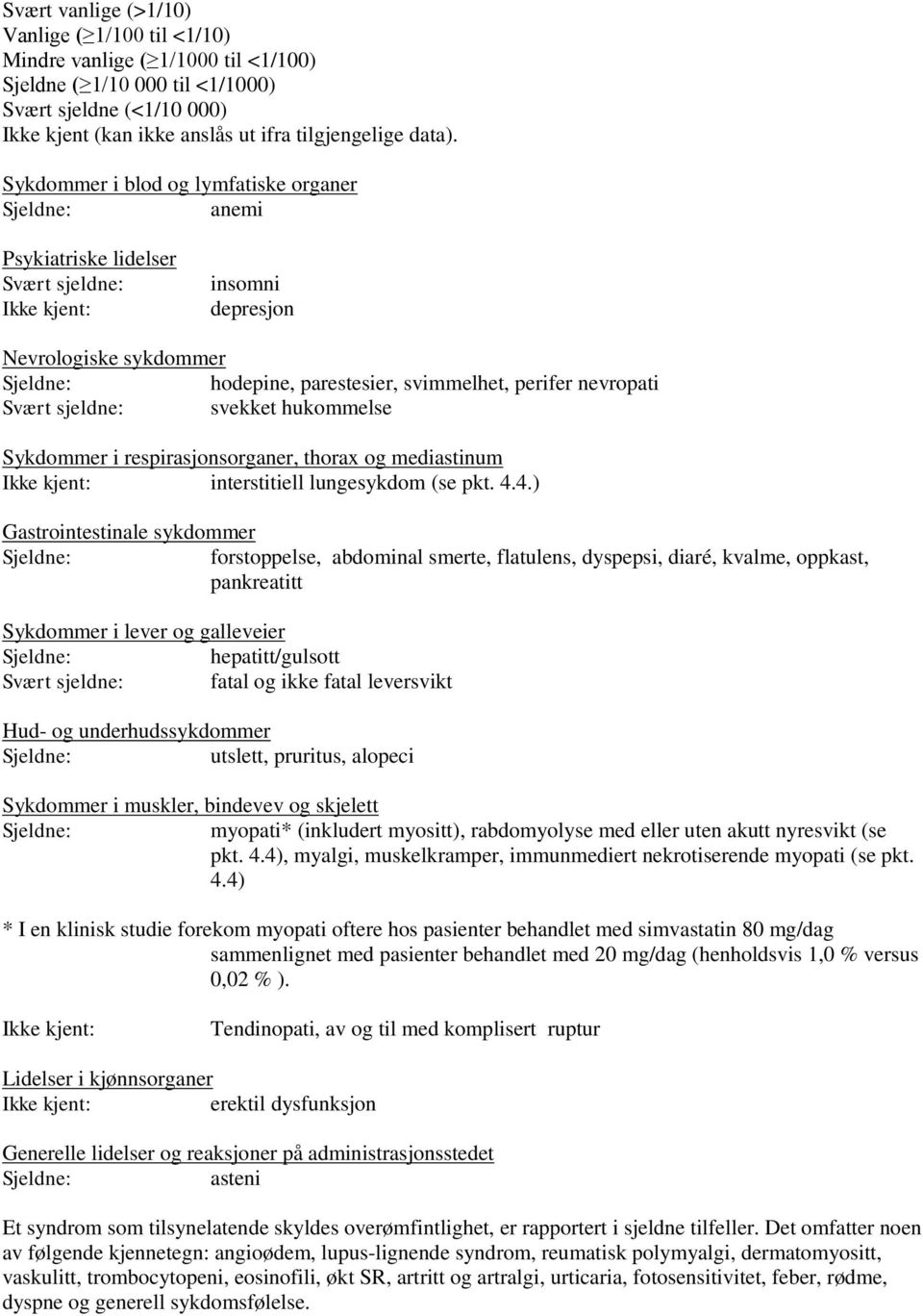 nevropati Svært sjeldne: svekket hukommelse Sykdommer i respirasjonsorganer, thorax og mediastinum Ikke kjent: interstitiell lungesykdom (se pkt. 4.