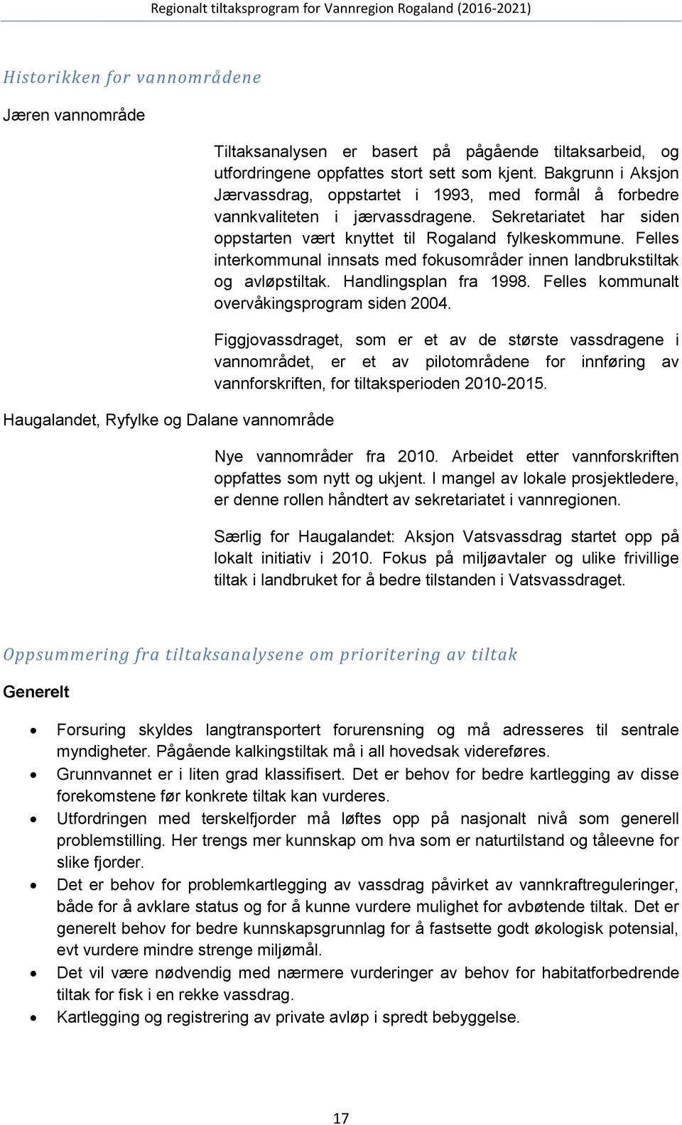 Felles interkommunal innsats med fokusområder innen landbrukstiltak og avløpstiltak. Handlingsplan fra 1998. Felles kommunalt overvåkingsprogram siden 2004.