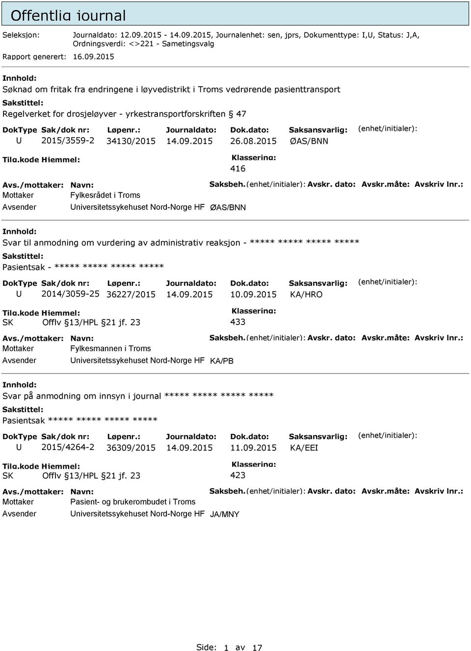 2015 ØAS/BNN 416 Avs./mottaker: Navn: Saksbeh. Avskr. dato: Avskr.måte: Avskriv lnr.