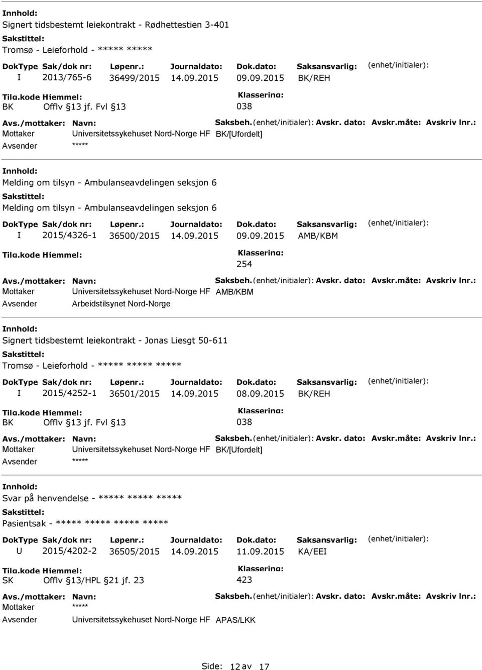 : Mottaker niversitetssykehuset Nord-Norge HF BK/[fordelt] ***** nnhold: Melding om tilsyn - Ambulanseavdelingen seksjon 6 Melding om tilsyn - Ambulanseavdelingen seksjon 6 2015/4326-1 36500/2015 09.