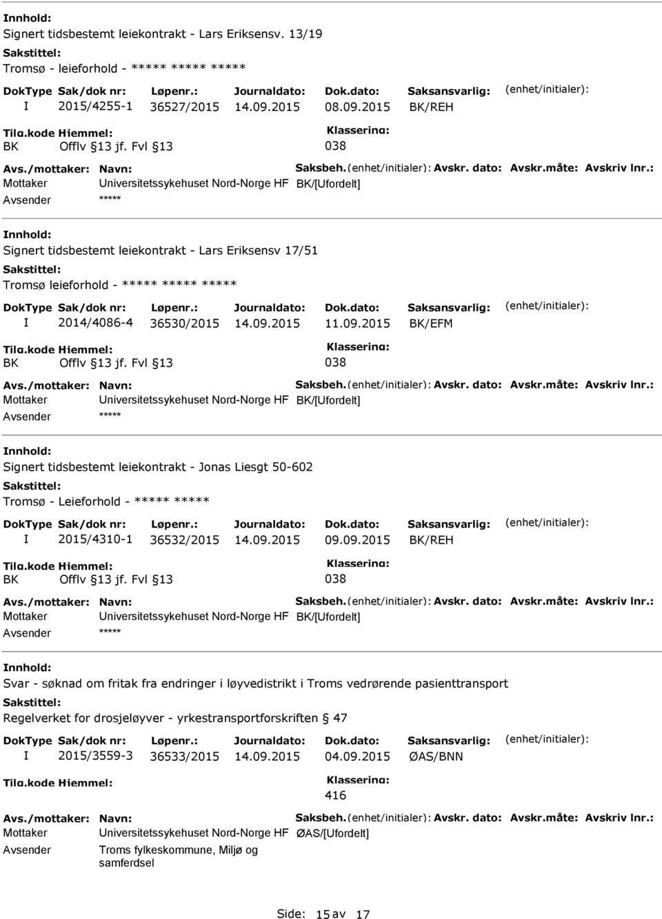 : Mottaker niversitetssykehuset Nord-Norge HF BK/[fordelt] ***** nnhold: Signert tidsbestemt leiekontrakt - Lars Eriksensv 17/51 Tromsø leieforhold - ***** ***** ***** 2014/4086-4 36530/2015 BK/EFM