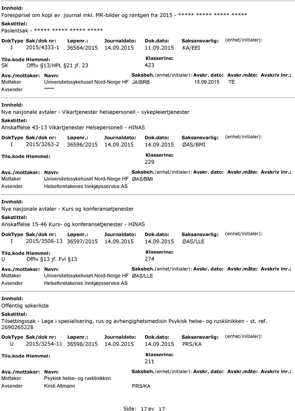 2015 TE ***** nnhold: Nye nasjonale avtaler - Vikartjenester helsepersonell - sykepleiertjenester Anskaffelse 43-13 Vikartjenester Helsepersonell - HNAS 2015/3263-2 36596/2015 ØAS/BM 229 Avs.