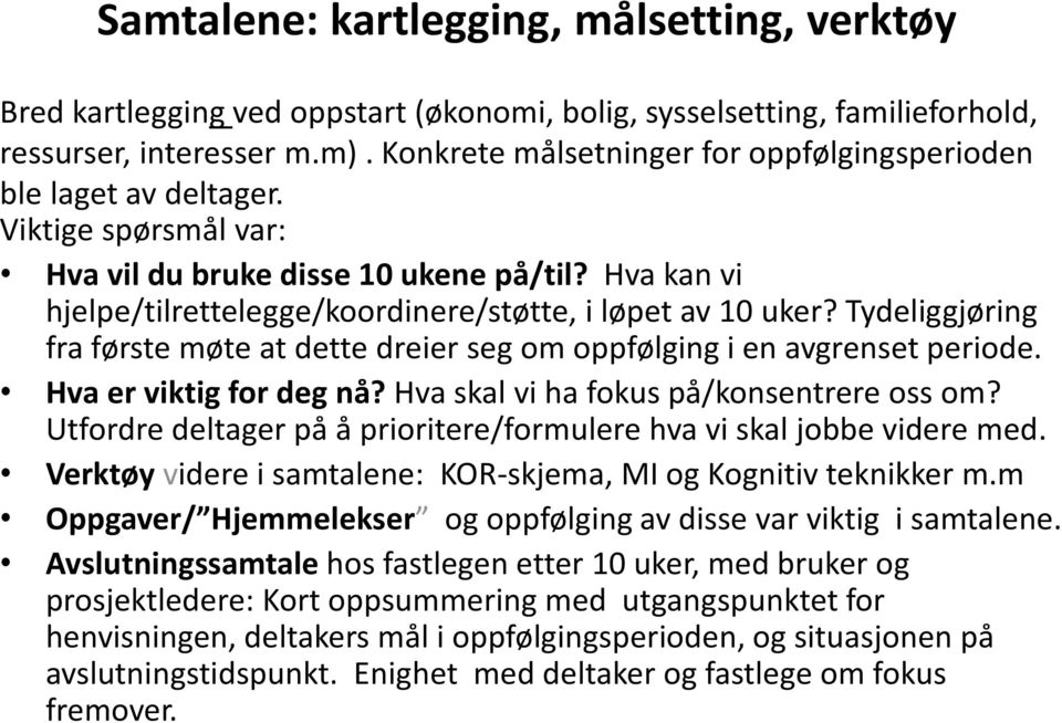 Hva kan vi hjelpe/tilrettelegge/koordinere/støtte, i løpet av 10 uker? Tydeliggjøring fra første møte at dette dreier seg om oppfølging i en avgrenset periode. Hva er viktig for deg nå?