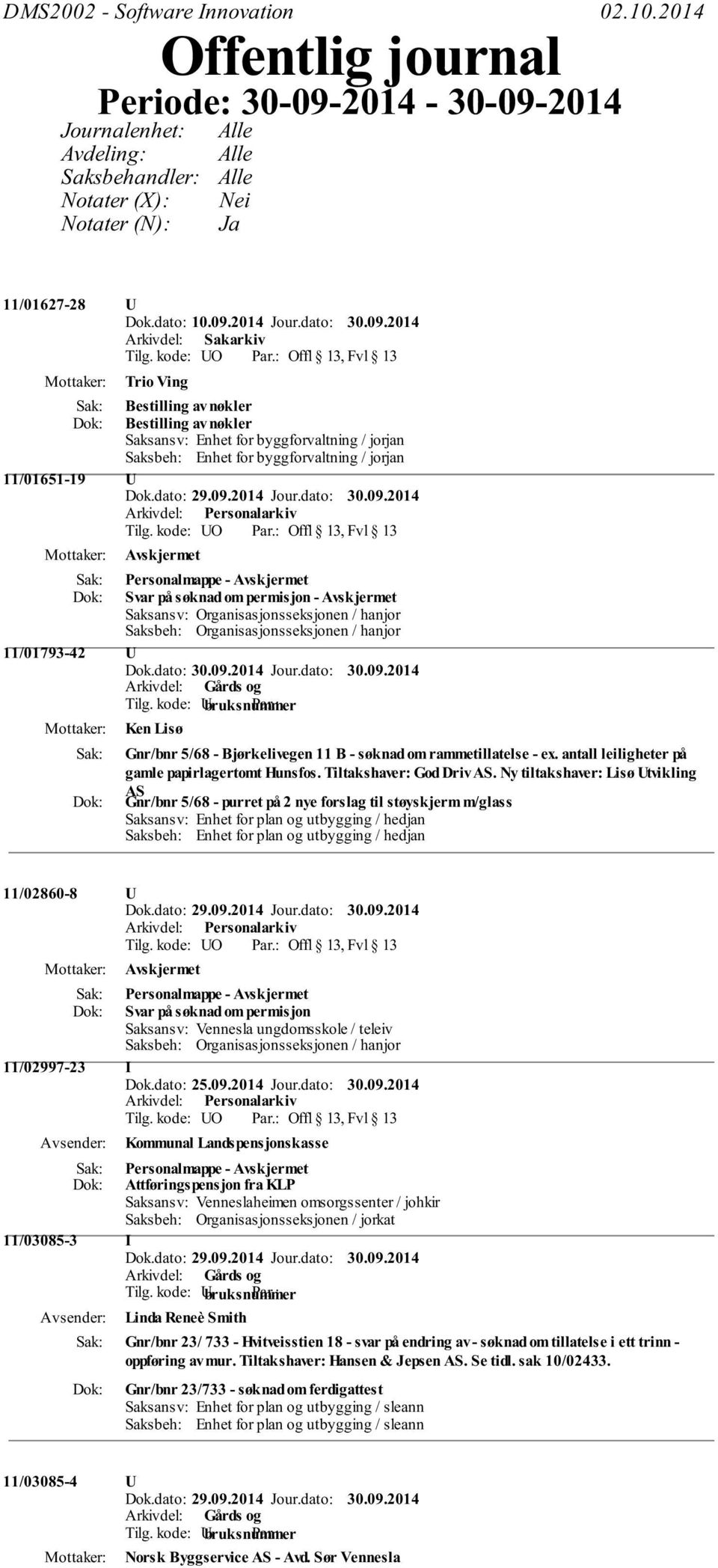 kode: O Offl 13, Fvl 13 Trio Ving Bestilling av nøkler Bestilling av nøkler Saksansv: Enhet for byggforvaltning / jorjan Saksbeh: Enhet for byggforvaltning / jorjan 11/01651-19 Tilg.