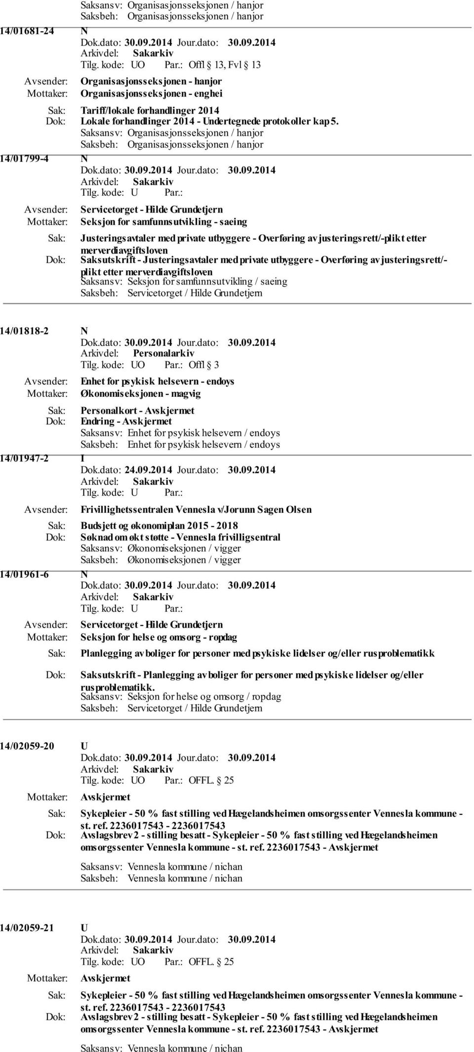 Saksansv: Organisasjonsseksjonen / hanjor Saksbeh: Organisasjonsseksjonen / hanjor 14/01799-4 N Servicetorget - Hilde Grundetjern Seksjon for samfunnsutvikling - saeing Justeringsavtaler med private