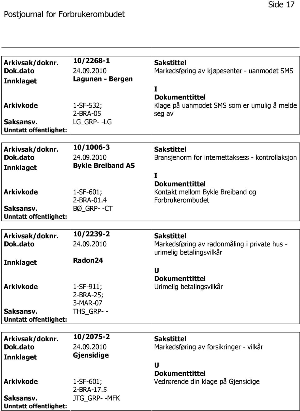 dato 24.09.2010 Bransjenorm for internettaksess - kontrollaksjon nnklaget Bykle Breiband AS 1-SF-601; 2-BRA-01.4 Kontakt mellom Bykle Breiband og Forbrukerombudet BØ_GRP- -CT Arkivsak/doknr.