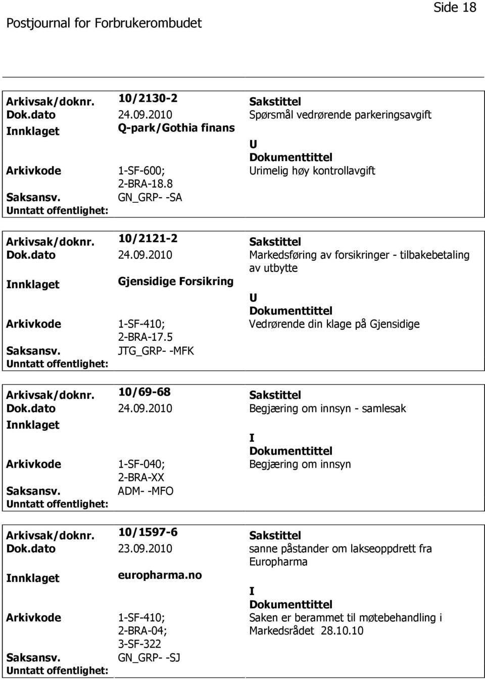 2010 Markedsføring av forsikringer - tilbakebetaling av utbytte nnklaget Gjensidige Forsikring 1-SF-410; 2-BRA-17.5 Vedrørende din klage på Gjensidige JTG_GRP- -MFK Arkivsak/doknr.