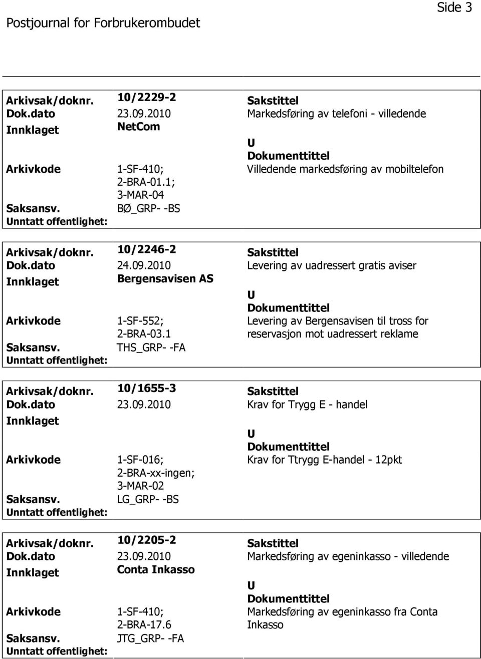 2010 Levering av uadressert gratis aviser nnklaget Bergensavisen AS 1-SF-552; 2-BRA-03.1 Levering av Bergensavisen til tross for reservasjon mot uadressert reklame THS_GRP- -FA Arkivsak/doknr.