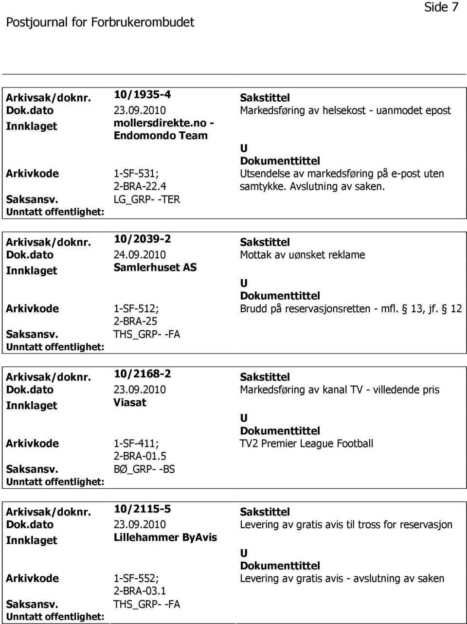 2010 Mottak av uønsket reklame nnklaget Samlerhuset AS 1-SF-512; 2-BRA-25 Brudd på reservasjonsretten - mfl. 13, jf. 12 THS_GRP- -FA Arkivsak/doknr. 10/2168-2 Sakstittel Dok.dato 23.09.