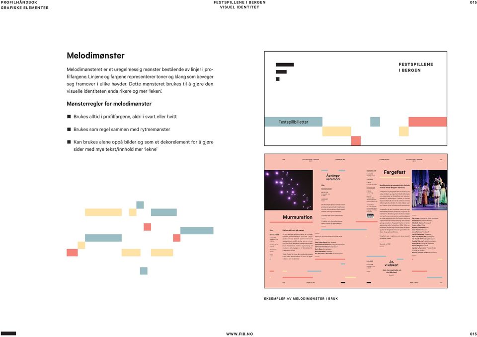 Mønsterregler for melodimønster nbrukes alltid i profilfargene, aldri i svart eller hvitt nbrukes som regel sammen med rytmemønster Festspillbilletter nkan brukes alene oppå bilder og som et