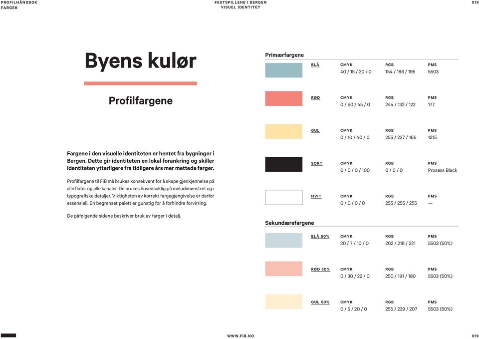 Profilfargene til FiB må brukes konsekvent for å skape gjenkjennelse på alle flater og alle kanaler. De brukes hovedsaklig på melodimønstret og i typografiske detaljer.