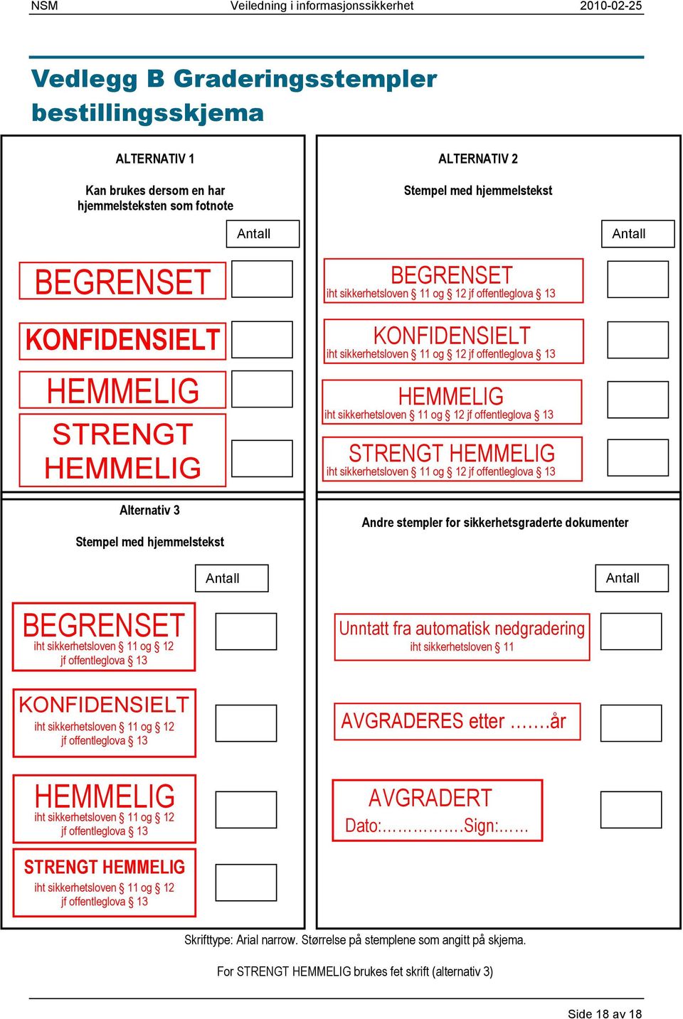 offentleglova 13 STRENGT HEMMELIG iht sikkerhetsloven 11 og 12 jf offentleglova 13 Antall Alternativ 3 Stempel med hjemmelstekst BEGRENSET iht sikkerhetsloven 11 og 12 jf offentleglova 13 Antall