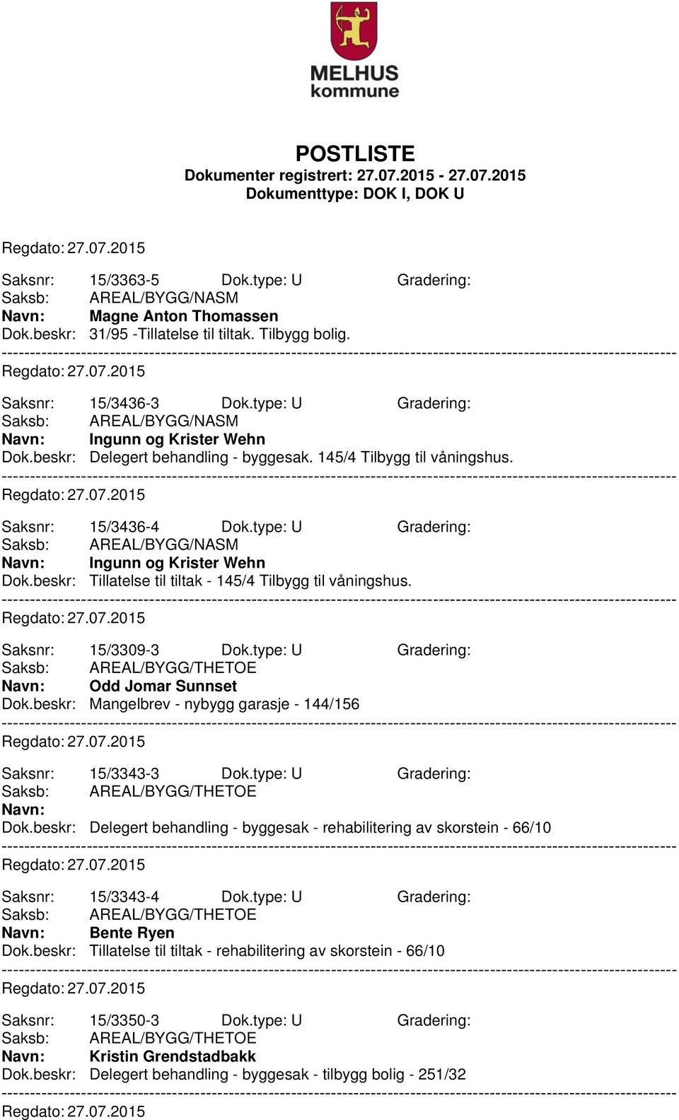 beskr: Tillatelse til tiltak - 145/4 Tilbygg til våningshus. Saksnr: 15/3309-3 Dok.type: U Gradering: Navn: Odd Jomar Sunnset Dok.beskr: Mangelbrev - nybygg garasje - 144/156 Saksnr: 15/3343-3 Dok.