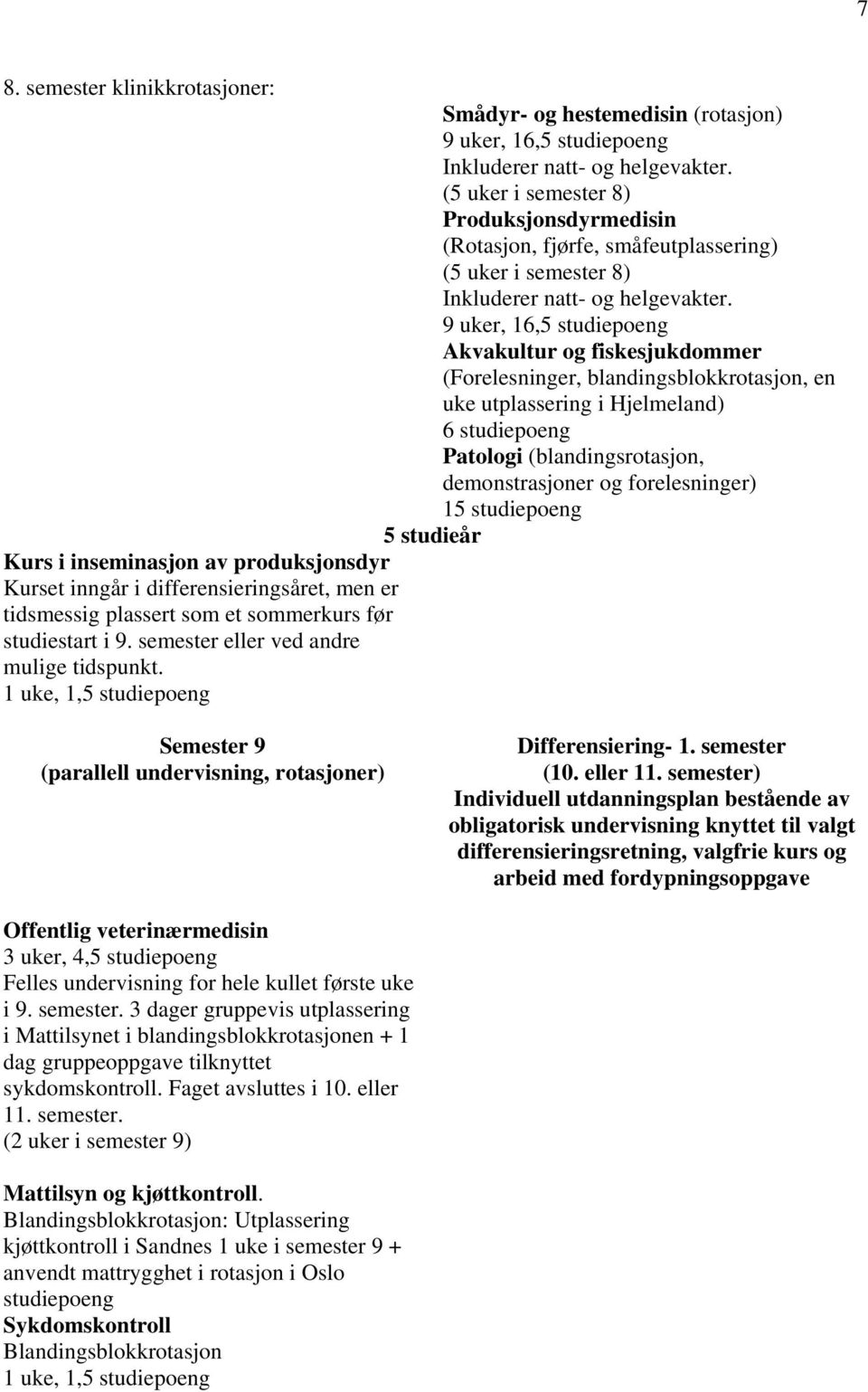 9 uker, 16,5 studiepoeng Akvakultur og fiskesjukdommer (Forelesninger, blandingsblokkrotasjon, en uke utplassering i Hjelmeland) 6 studiepoeng Patologi (blandingsrotasjon, demonstrasjoner og