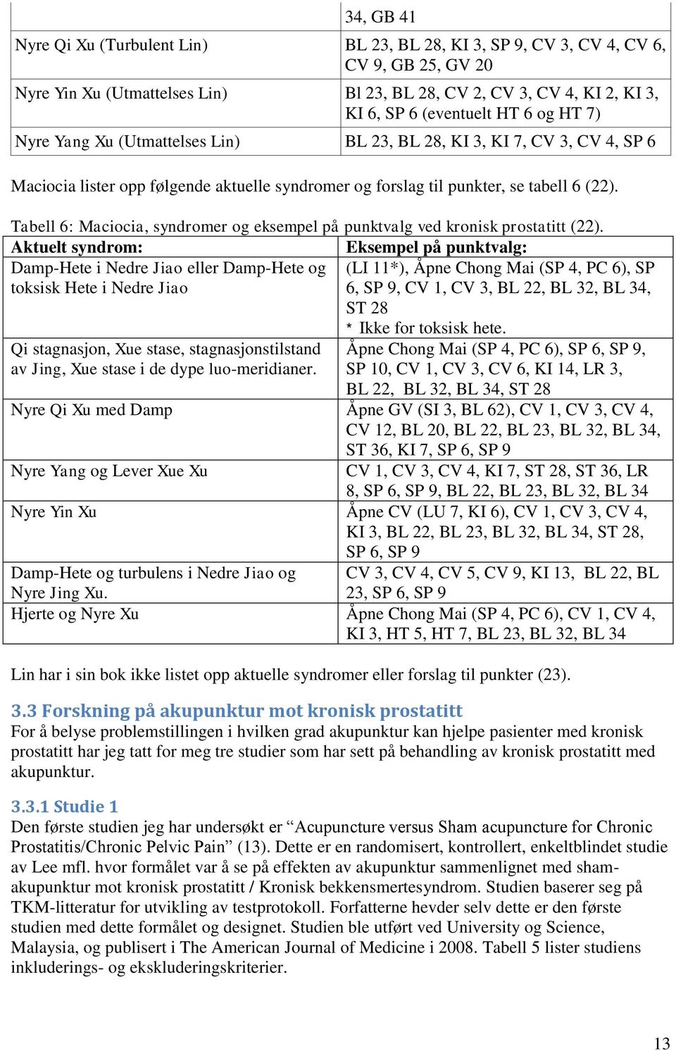 Tabell 6: Maciocia, syndromer og eksempel på punktvalg ved kronisk prostatitt (22).