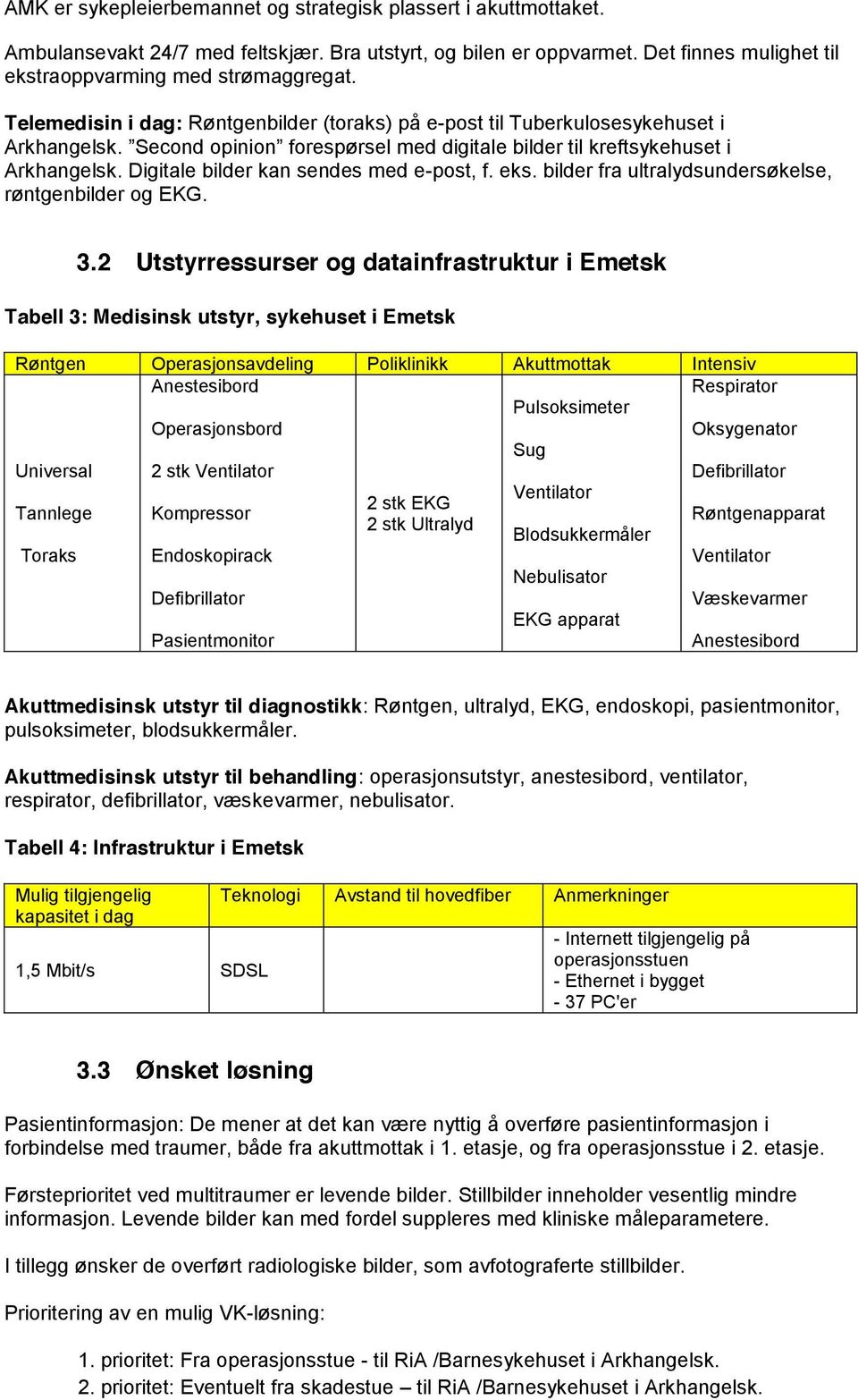 2 Utstyrressurser og datainfrastruktur i Emetsk Tabell 3: Medisinsk utstyr, sykehuset i Emetsk Røntgen Operasjonsavdeling Poliklinikk Akuttmottak Intensiv Anestesibord Operasjonsbord Pulsoksimeter