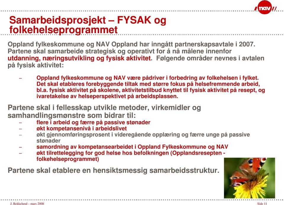 Følgende områder nevnes i avtalen på fysisk aktivitet: Oppland fylkeskommune og NAV være pådriver i forbedring av folkehelsen i fylket.