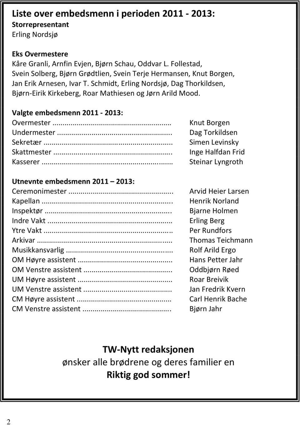 Schmidt, Erling Nordsjø, Dag Thorkildsen, Bjørn-Eirik Kirkeberg, Roar Mathiesen og Jørn Arild Mood. Valgte embedsmenn 2011-2013: Overmester... Undermester... Sekretær... Skattmester... Kasserer.