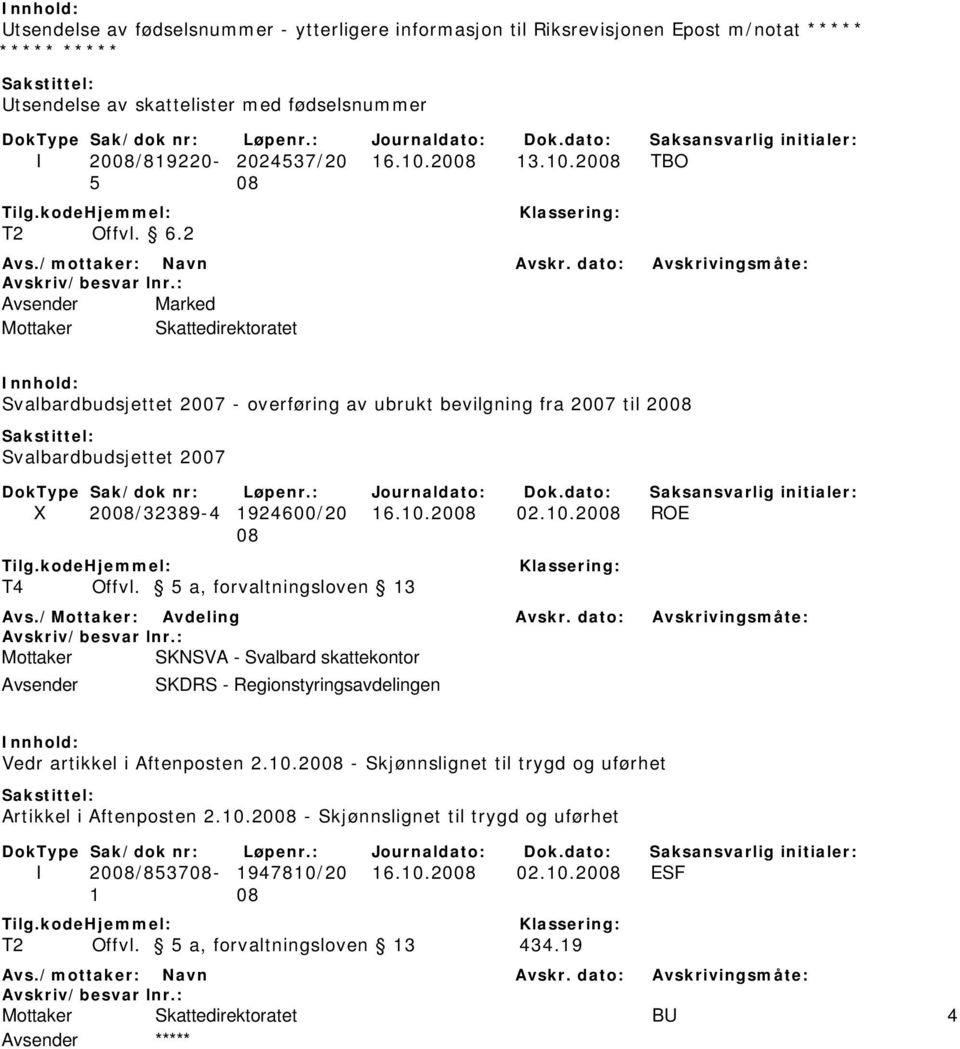 10.2008 ROE 08 T4 Offvl. 5 a, forvaltningsloven 13 Avs./: Avdeling Avskr. dato: Avskrivingsmåte: SKNSVA - Svalbard skattekontor Avsender SKDRS - Regionstyringsavdelingen Vedr artikkel i Aftenposten 2.